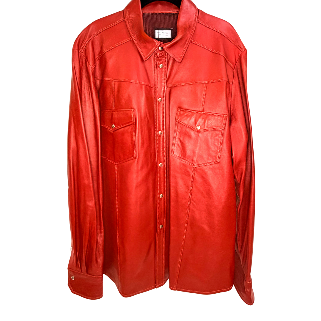 Men's Red Leather Button Up
