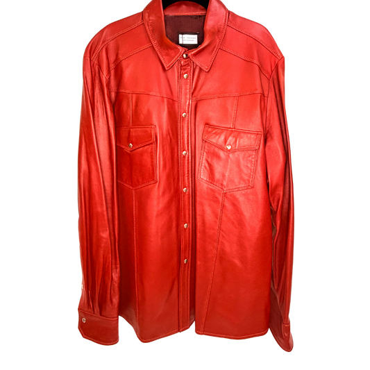 Men's Red Leather Button Up