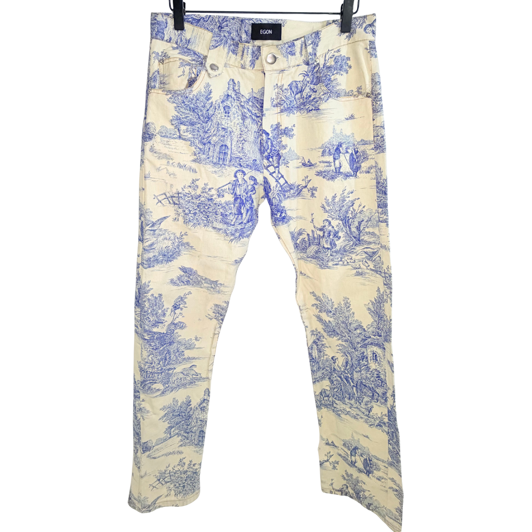 Men's Cream & Blue Print Pants