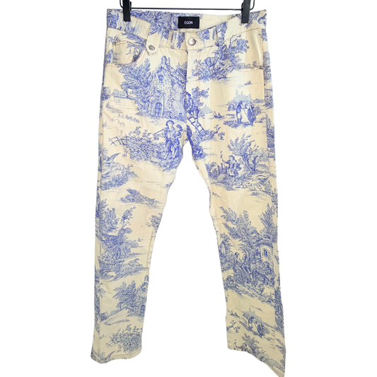 Men's Cream & Blue Print Pants